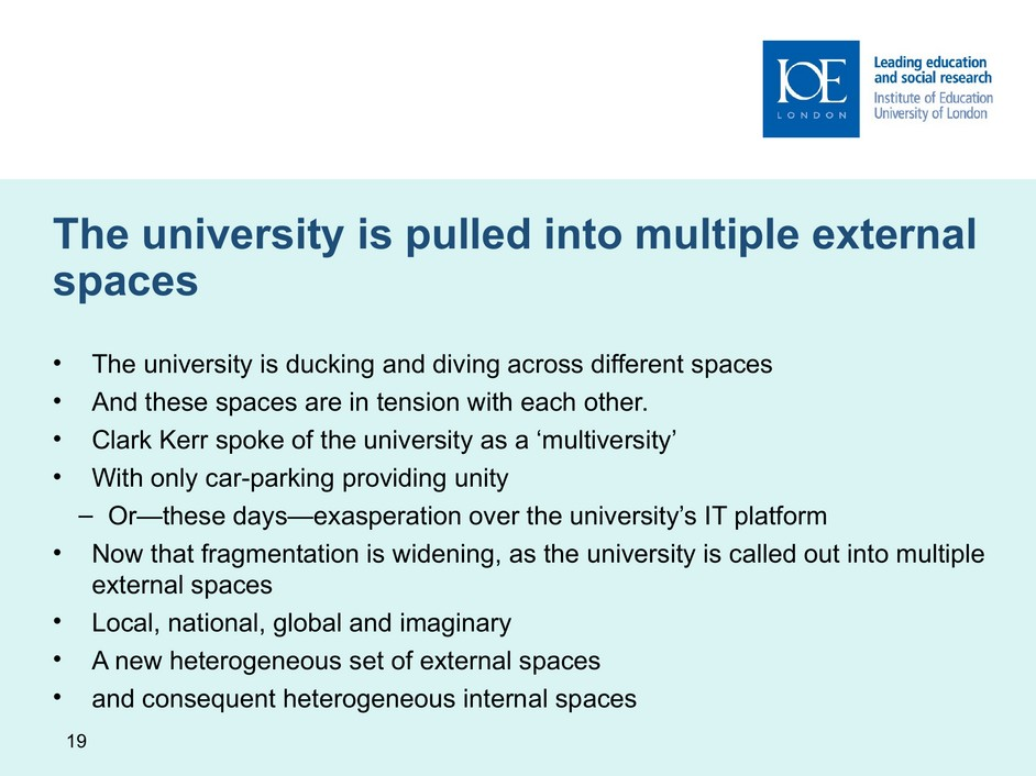 Slide 19, the university pulled into multiple external spaces, English original